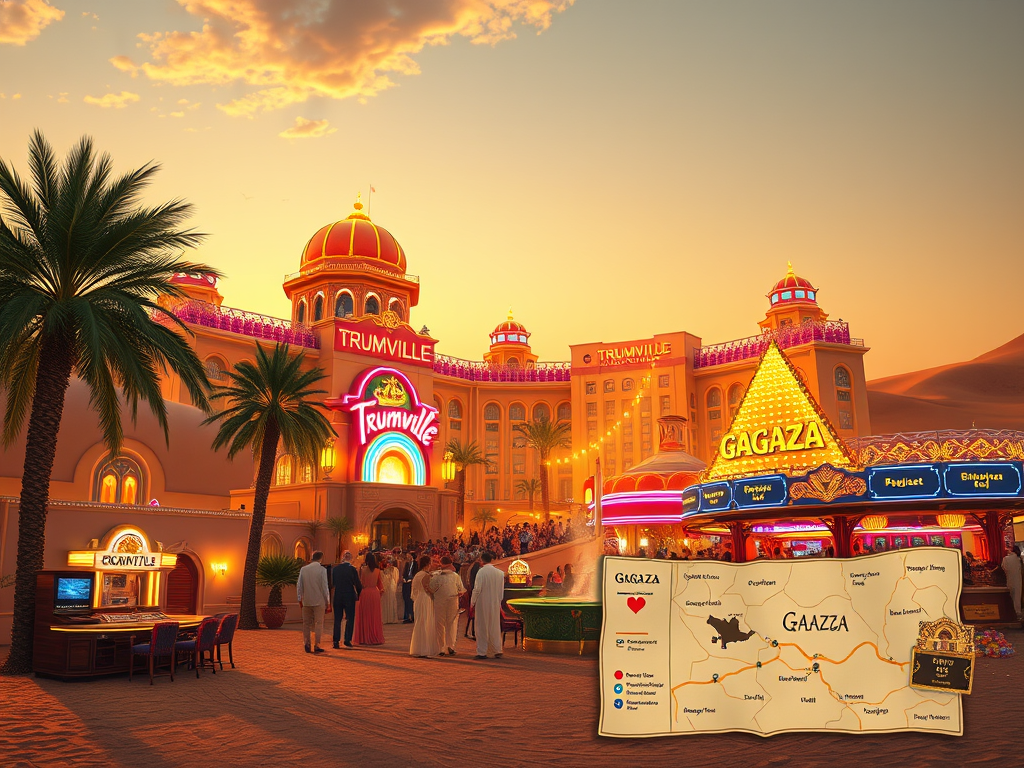 A luxurious, over-the-top desert resort called “Trumpville” glows under a golden sunset, styled like a Middle Eastern palace-meets-Vegas casino. A lavish crowd in gowns and traditional robes gathers outside. Neon signage reads “Gagaza,” resembling a theme park or casino attraction. A cartoonish map labeled “Gaazza” sits in the foreground, parodying both geopolitical tension and opportunistic development.