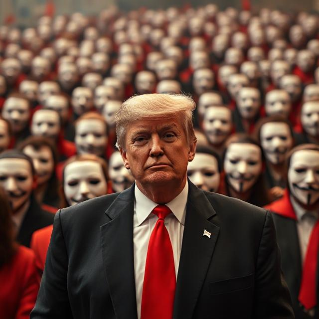 Donald Trump stands uneasily at the front of a massive crowd of masked figures in red robes, all wearing identical white faces reminiscent of Guy Fawkes. The surreal and ominous atmosphere suggests a nightmare, with Trump appearing tense and overwhelmed, as if trapped or outnumbered by the silent, faceless masses behind him.