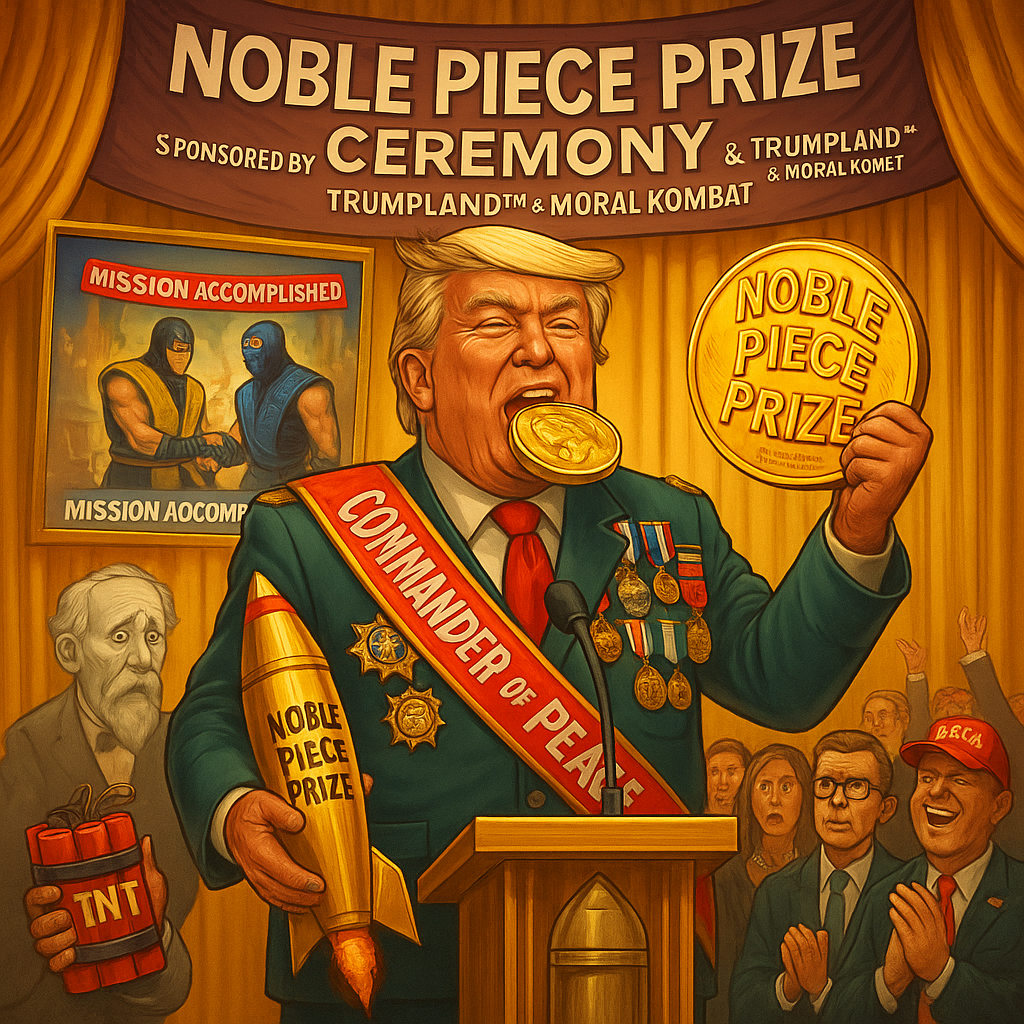 A satirical illustration of Donald Trump standing triumphantly at a golden podium labeled “Noble Piece Prize,” surrounded by fireworks and piles of gold medals. Behind him, cartoonish explosions erupt in distant countries labeled “Irap” and “Holyland.” Trump is smiling proudly, holding a peace dove in one hand and a detonator in the other, with the slogan “Piece Through Strength” glowing in bold neon letters above.