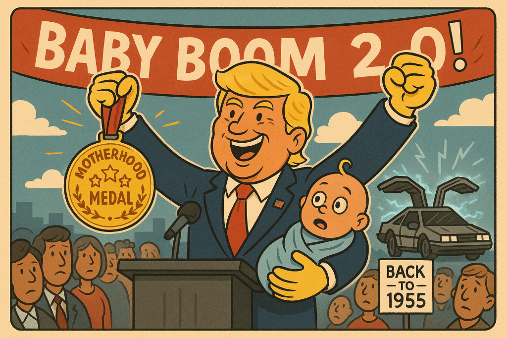 A satirical political cartoon shows a blonde, exaggeratedly smug politician standing behind a podium shaped like a baby bottle, decorated with stars and stripes. He proudly holds a gold "Motherhood Medal" in one hand while gesturing dramatically with the other. Behind him, large propaganda-style posters promote slogans like “Make More Babies!” and “Tariffs for Toddlers!” A cheering crowd of stylized citizens watches, with confetti falling and a banner that reads “Baby Boom 2.0.” The scene is vibrant, colorful, and vintage in tone, with over-the-top patriotic and absurdist elements.