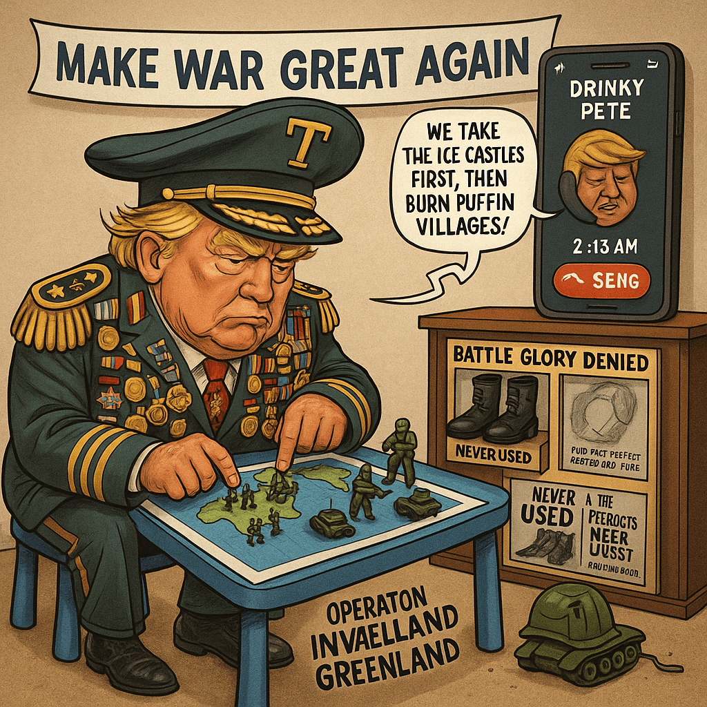 A satirical illustration of Donald Trump dressed in an oversized, decorated military uniform, seated proudly atop a toy-like tank labeled “TRUMP FORCE ONE.” The background shows a peaceful suburban neighborhood, with confused onlookers watching as confetti and miniature drones fly overhead. A banner on the tank reads “Mission Accomplished (Eventually).” To the side, a tipsy man labeled “Drinky Pete” waves a Greenland flag while holding invasion blueprints upside-down. The image parodies a self-important military display in a non-combat setting.