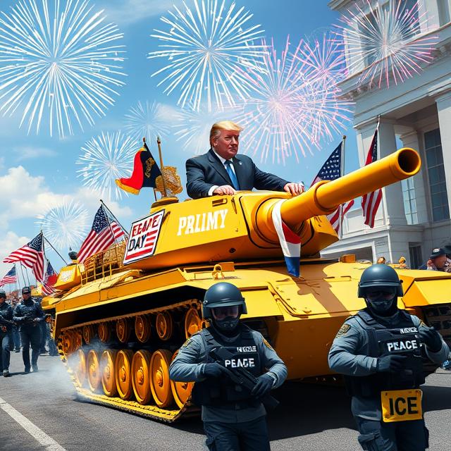 A satirical image of Donald Trump riding atop a golden tank labeled "TRUMP DAY" during a fictional "Peace Day Parade." He is dressed in a formal suit, with fireworks in the sky spelling out celebratory themes. The tank is flanked by uniformed officers in riot gear labeled "PEACE" and "ICE," forcibly controlling a crowd in the background. American flags and grandiose pageantry contrast with the authoritarian imagery.