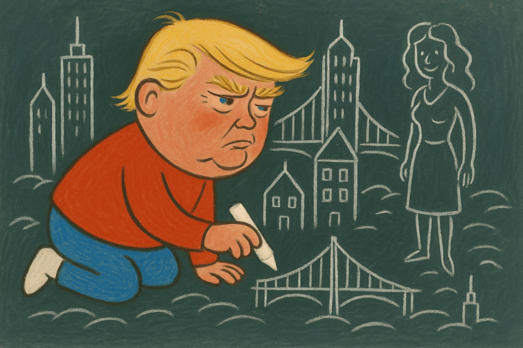 Donald Trump scribbling in chalk as Simon in the Land of Chalk Drawings.