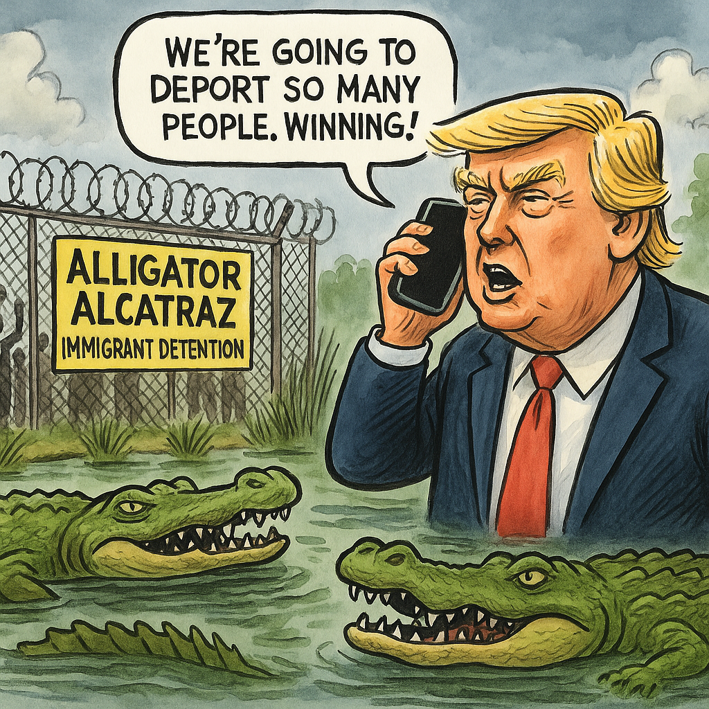 A satirical political cartoon shows a Florida-style detention camp surrounded by swampy water, patrolled by alligators instead of guards. In the background, tents labeled "Alligator Alcatraz" house detained figures behind barbed wire. A smug-looking politician in a red tie watches from a golden desk labeled "TRUMP PHONE Command Center," with a giant red button under glass. Merchandise like “I FED THE 'GATORS” shirts are for sale nearby, and surveillance drones hover above.