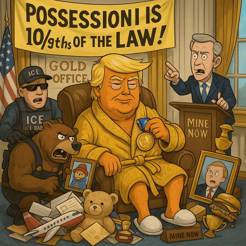 A satirical cartoon illustration of a smug, exaggerated political figure with styled blonde hair and a red tie, standing proudly in a luxurious office. He is surrounded by piles of bizarre “gifts,” including a wrestling championship belt, a medal stuffed in his pocket, a talking bear wearing sunglasses, and a golden trophy labeled “FILA.” The décor is lavish and over-the-top, with golden furniture and a giant portrait of himself hanging on the wall. A confused aide peeks in from a doorway holding paperwork.
