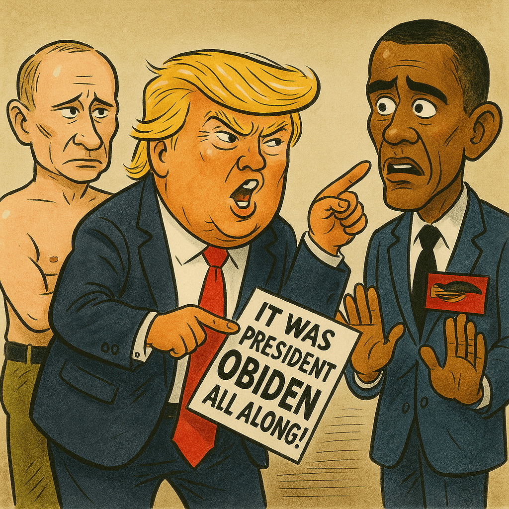 A political cartoon illustration shows three prominent figures in exaggerated caricature. On the left, a character resembling Donald Trump gestures animatedly, pointing toward a sign that reads “Obiden.” In the center, a character stylized to resemble Vladimir Putin stands with arms crossed, wearing a dark suit and sunglasses. On the right, a character resembling Barack Obama smirks while wearing a suit and red tie. The scene suggests a satirical conspiracy, implying Obama is secretly aligned with Russian interests. The background features American and Russian iconography, heightening the political tension and absurdity.