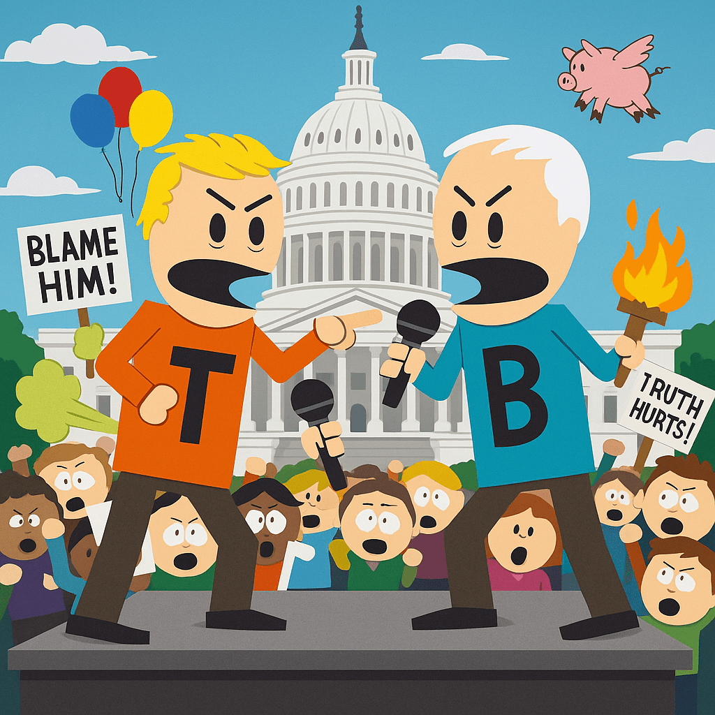 A cartoon-style illustration features two animated characters reminiscent of the Terrance and Phillip style from South Park. One character has a round orange face, exaggerated blond hair, and wears an orange shirt with a large white "T" on it. The other has a pale face, thin white hair, and wears a blue shirt with a large white "B" on it. Both characters have flapping heads and simple dot eyes, standing against a bright, flat-colored background with bold, playful lines.