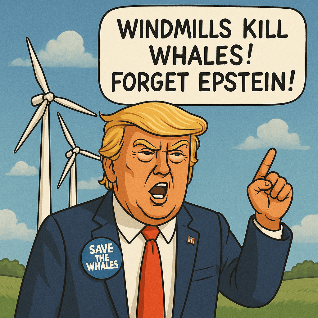 A cartoon-style illustration features a caricature of Donald Trump standing at a podium labeled “SAVE THE WHALES (AND MAYBE BIRDS).” Behind him, wind turbines loom ominously, with exaggerated swooping blades. Several confused-looking birds and a startled whale appear in the background. Trump gestures emphatically with both hands, wearing a suit and a red tie, his hair exaggerated in classic cartoon fashion. The scene humorously satirizes his opposition to wind energy and exaggerated environmental claims.