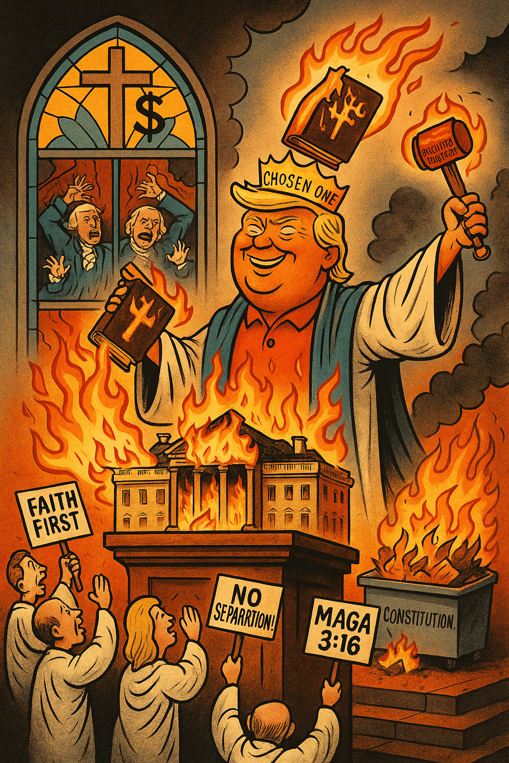A satirical political cartoon depicts a smug, blond-haired politician in a gold-trimmed pulpit that merges with a government podium, symbolizing the collapse of church and state separation. Behind him, a massive flaming cross looms while protest signs reading "Burn the Witches" and "White & Right" are waved by a crowd of faceless supporters. In the background, a torn U.S. Constitution smolders, and diverse religious symbols are crossed out, highlighting rising theocratic nationalism.