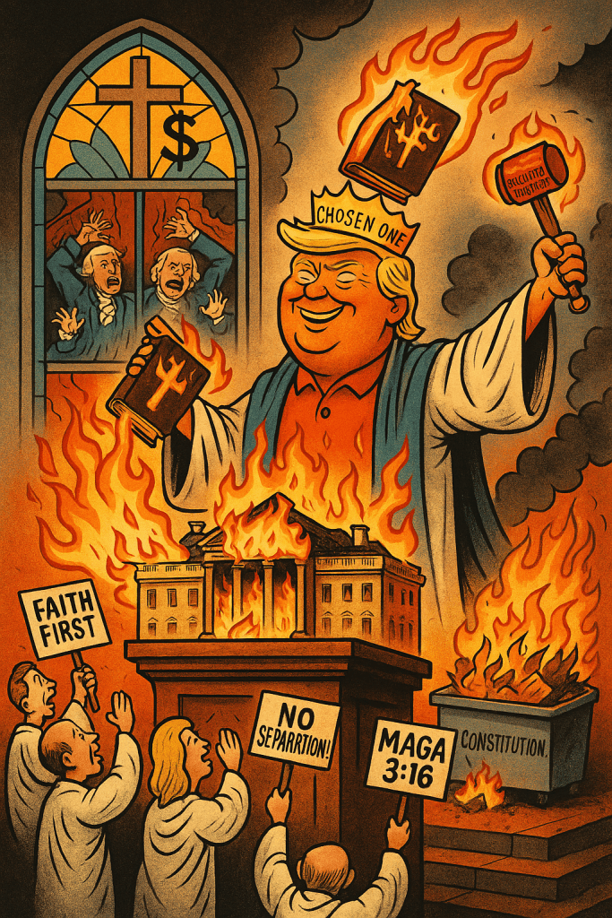 A satirical political cartoon depicts a smug, blond-haired politician in a gold-trimmed pulpit that merges with a government podium, symbolizing the collapse of church and state separation. Behind him, a massive flaming cross looms while protest signs reading "Burn the Witches" and "White & Right" are waved by a crowd of faceless supporters. In the background, a torn U.S. Constitution smolders, and diverse religious symbols are crossed out, highlighting rising theocratic nationalism.
