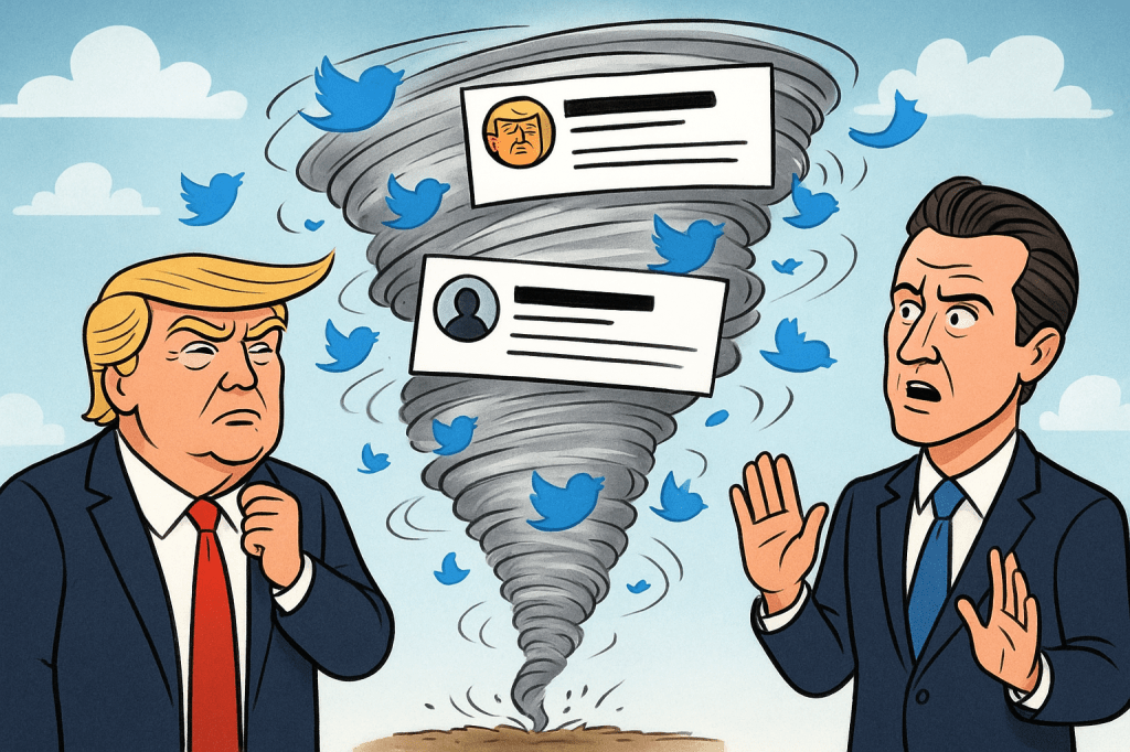 Cartoon of Trump and Gavin Newsom caught in a tornado of tweets inside a courtroom, symbolizing a satirical battle over stolen posts.
