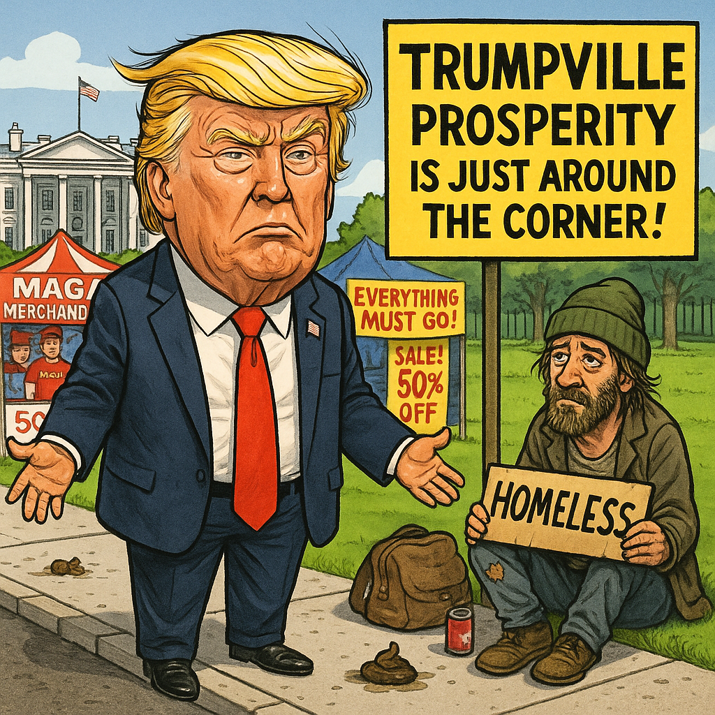 A political cartoon showing Donald Trump riding in a luxury golf cart toward a pristine green, swinging a golden golf club, while ignoring a group of homeless people crowded under makeshift tents labeled ‘Trumpville.’ The backdrop includes Mar-a-Lago–style buildings, oversized dollar bills blowing in the wind, and a billboard proclaiming ‘1500% Job Growth!’ in exaggerated, carnival-like lettering.