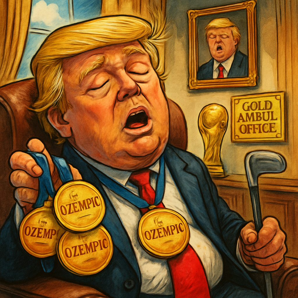A vibrant, exaggerated political cartoon featuring Donald Trump asleep at a podium with painted eyes on his eyelids. Behind him, a wall of absurd trophies labeled with phrases like "FIFI Winner," "Ozempic Champion," and "Greatest President Ever" gleam under spotlights. The Gold Ambush Office is decked out with fast food wrappers, golf clubs, and a hydrobaric sleep chamber in the corner. In the background, a TV flashes a screaming Rachel Maddow while tweets explode out of a phone hovering beside him.