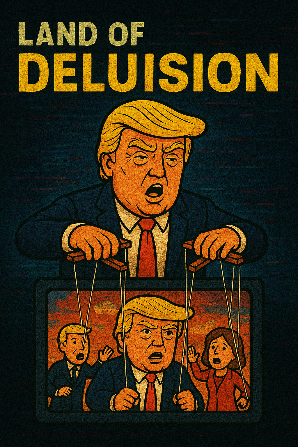 A satirical digital illustration in cartoon style shows a puppet-like caricature of former President Donald Trump with exaggerated features, strings attached like a marionette, and the bold text “LAND OF DELUSION” displayed above him.