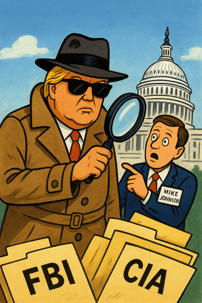 A cartoon-style illustration of Donald Trump dressed in a secret agent disguise, complete with trench coat and sunglasses, standing in front of the U.S. Capitol while holding a giant magnifying glass. Behind him, a confused congressman labeled “Mike Johnson” points at Trump as if revealing his “undercover agent” identity, while exaggerated file folders marked FBI, DOJ, and CIA spill across the scene.
