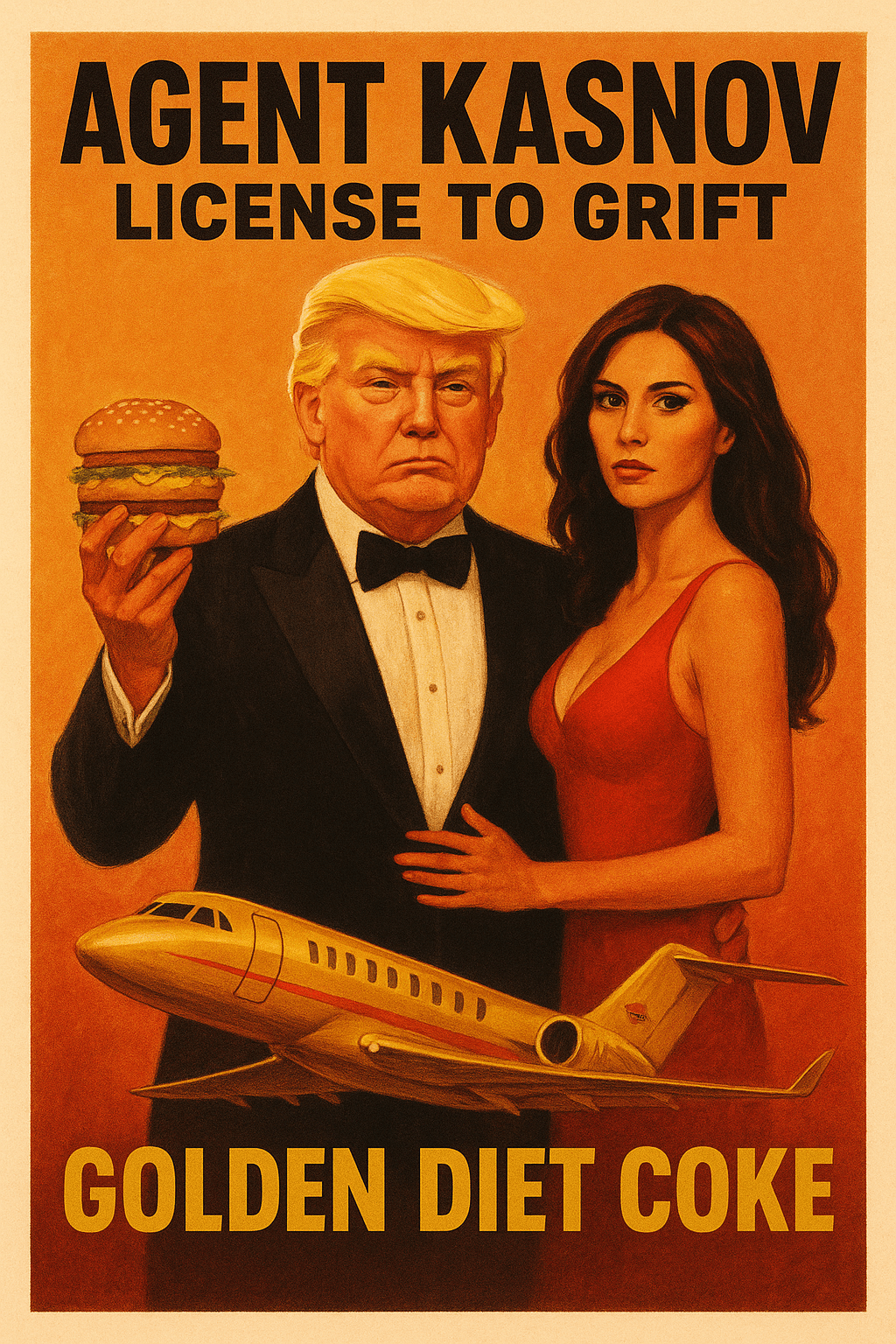A satirical movie-poster-style illustration parodying a James Bond film. Donald Trump is depicted in a tuxedo as James Bond, holding a golden gun, while Melania Trump stands beside him in a glamorous pose. In the background, the Epstein private jet flies across a fiery sky. The title "Octopussy" is humorously reimagined in bold spy-movie typography, with ornate, over-the-top styling to match the vintage poster aesthetic.