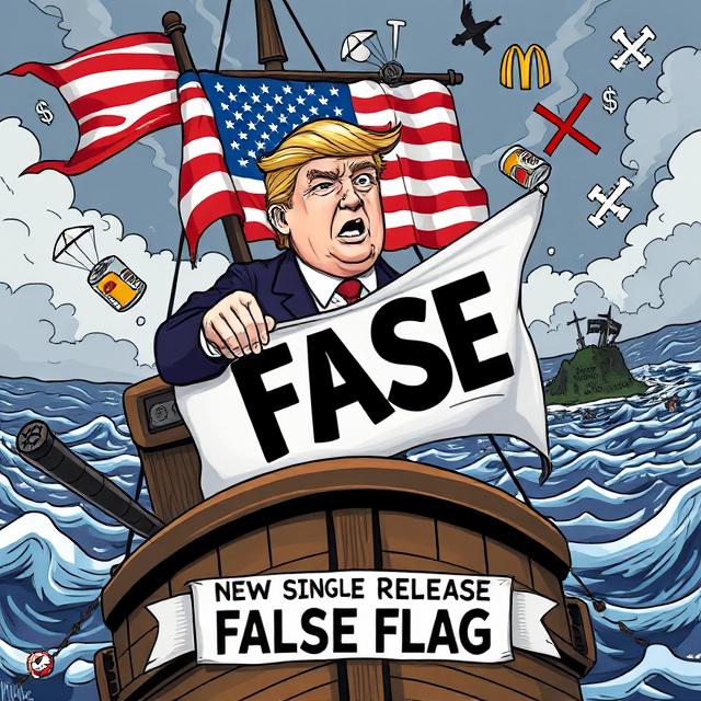 A satirical cartoon illustration of Donald Trump standing on the bow of a ship, holding a banner that mistakenly reads “FASE” instead of “FALSE FLAG.” Behind him, an oversized American flag waves dramatically. The stormy sky is filled with floating symbols like dollar signs, crosses, fast food logos, and soda cans, while cannons on the ship fire out burgers and drinks. In the distance, a small island with a dark structure looms. At the bottom of the ship, a sign reads: “NEW SINGLE RELEASE — FALSE FLAG.”