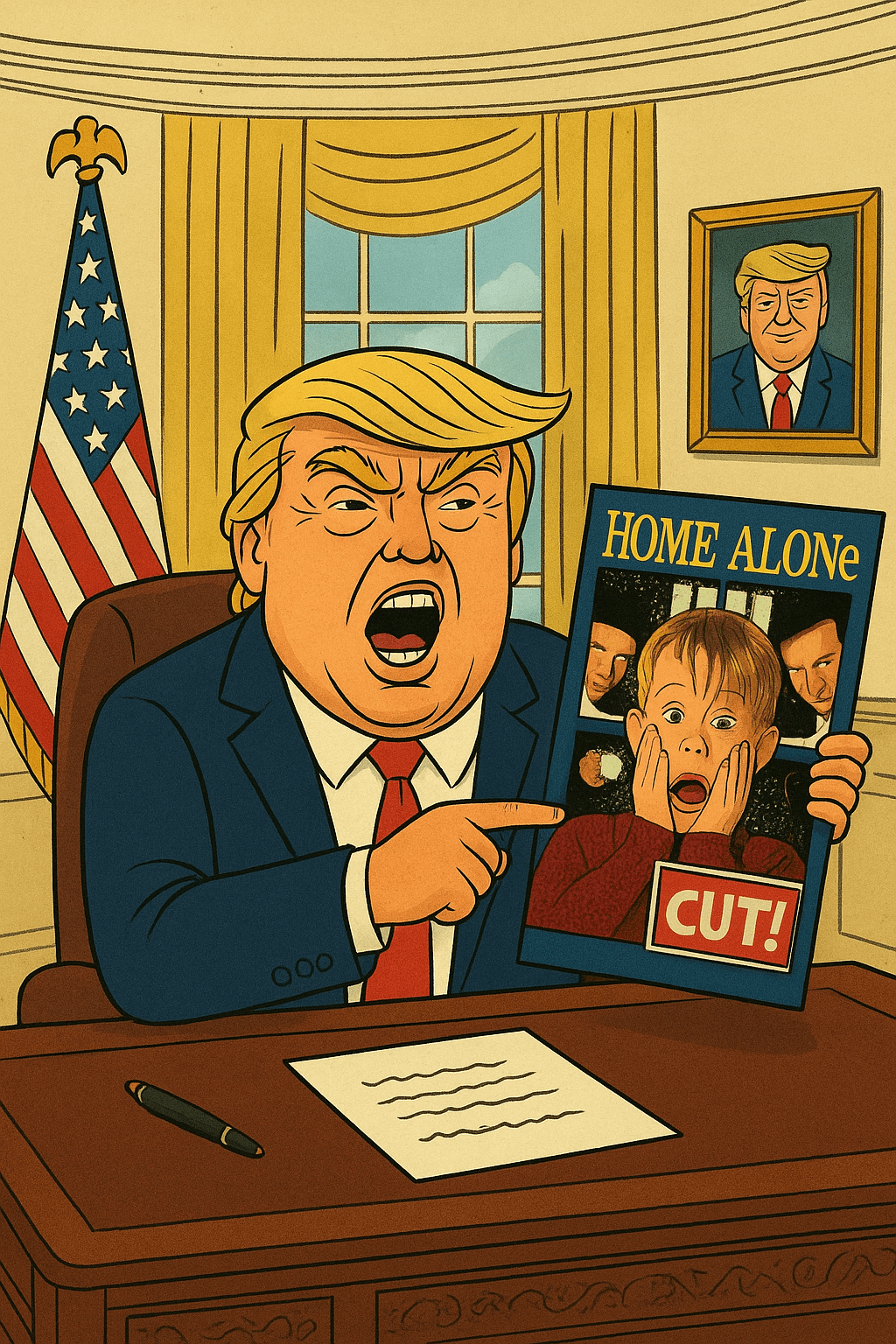 A cartoonish, over-the-top illustration of Donald Trump dressed as a Hollywood film mogul, wearing oversized sunglasses and a gold-trimmed suit, lounging in a director’s chair marked ‘Executive Producer: ME.’ Behind him, chaotic film-set elements collide: a clapperboard labeled ‘DEI CANCELLED,’ a giant Home Alone poster with Trump’s cameo crudely cut out, a Rush Hour poster showing mismatched actors, and a confused production crew scrambling around piles of money. In the background, storm clouds form the shape of the Hollywood sign while Trump strikes a triumphant pose as if orchestrating the entire mess.
