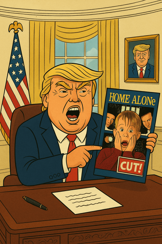 A cartoonish, over-the-top illustration of Donald Trump dressed as a Hollywood film mogul, wearing oversized sunglasses and a gold-trimmed suit, lounging in a director’s chair marked ‘Executive Producer: ME.’ Behind him, chaotic film-set elements collide: a clapperboard labeled ‘DEI CANCELLED,’ a giant Home Alone poster with Trump’s cameo crudely cut out, a Rush Hour poster showing mismatched actors, and a confused production crew scrambling around piles of money. In the background, storm clouds form the shape of the Hollywood sign while Trump strikes a triumphant pose as if orchestrating the entire mess.