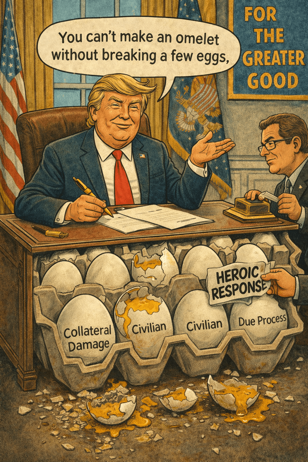 Satirical political cartoon of Donald Trump seated at a desk shaped like an egg carton, signing paperwork while cracked eggs labeled “Civilian,” “Collateral Damage,” and “Due Process” spill beneath him. A speech bubble reads, “You can’t make an omelet without breaking a few eggs,” while an aide stamps a broken egg with “Heroic Response,” emphasizing dark humor about power, accountability, and political spin.