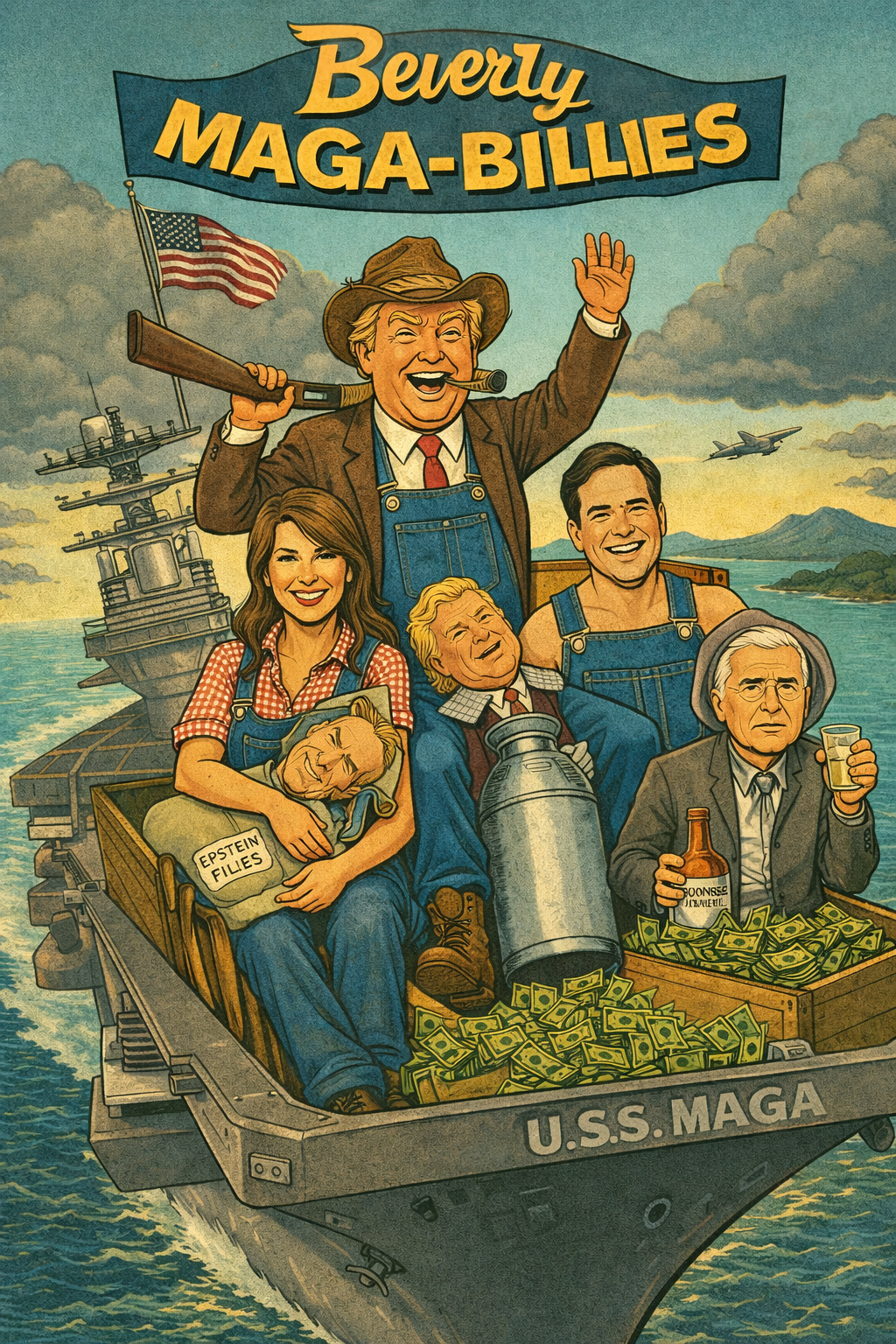 A satirical cartoon styled like The Beverly Hillbillies shows Donald Trump dressed as a hillbilly patriarch standing on an aircraft carrier labeled “U.S.S. MAGA,” waving and holding a rifle. Around him are caricatured cabinet members dressed in overalls, carrying props like milk cans, cash, and a box labeled “Epstein Files,” with jets taking off behind them and a banner reading “Beverly MAGA-Billies” overhead.