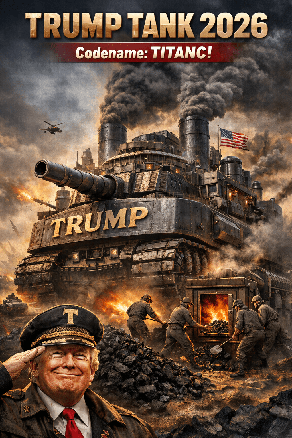A satirical illustration of a massive coal-powered tank labeled “TRUMP TANK 2026 – Codename: TITANC!” The enormous steam-driven tank belches thick black smoke from towering smokestacks as soldiers shovel coal into a blazing furnace beside it. The tank is oversized and industrial-looking, with “TRUMP” emblazoned across the front. In the foreground, a caricature of Donald Trump salutes while wearing a military-style cap. The scene is chaotic and exaggerated, with explosions, helicopters, and a dramatic battlefield backdrop emphasizing the absurd scale of the machine.