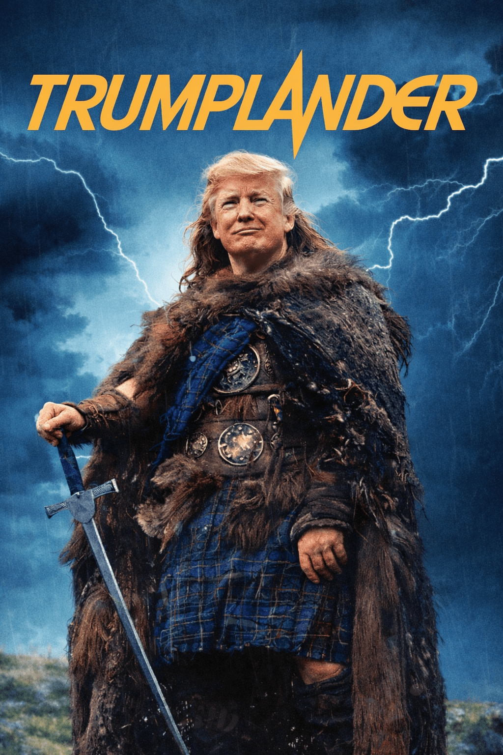 A satirical movie-poster style illustration titled “TRUMPLANDER,” parodying the film Highlander. A warrior resembling Donald Trump stands on a rocky hillside wearing a tartan kilt, fur cloak, and medieval armor while holding a broadsword. Dark storm clouds and lightning fill the background, echoing the dramatic style of the original poster, with bold golden “TRUMPLANDER” lettering at the top.