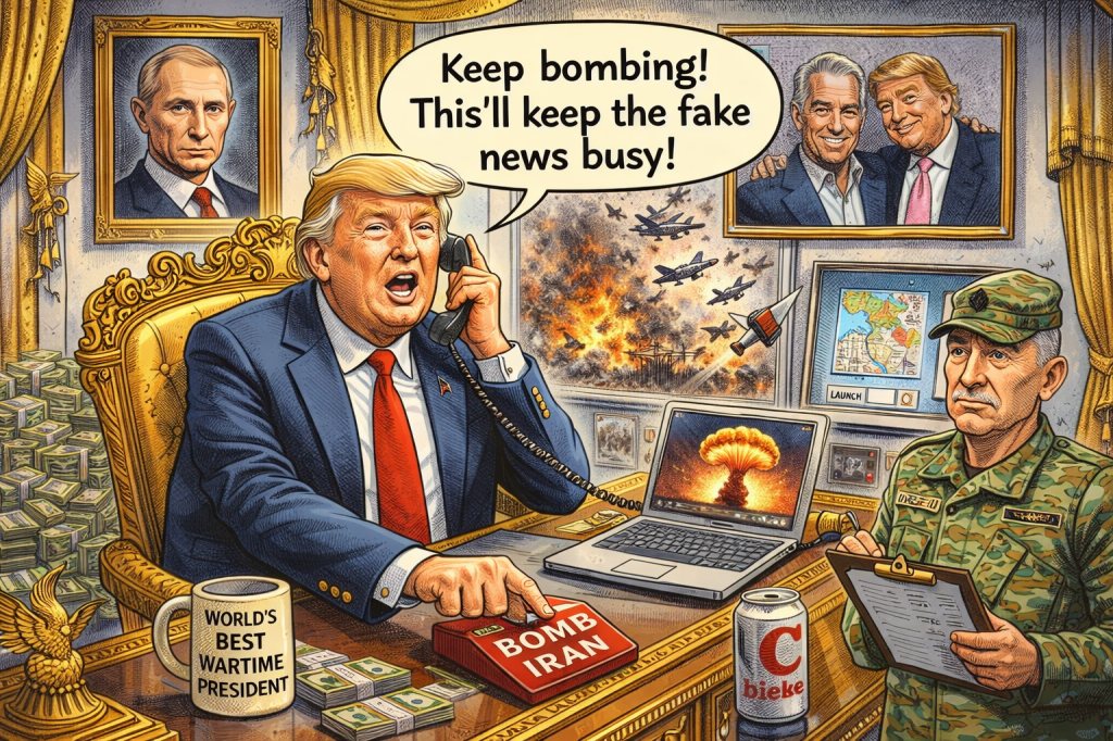 A satirical political cartoon showing a figure resembling Donald Trump sitting in an ornate, gold-covered office while talking on the phone and pressing a large red “Bomb Iran” button on his desk. A speech bubble reads, “Keep bombing! This’ll keep the fake news busy!” Behind him are framed portraits of Vladimir Putin and Jeffrey Epstein, while explosions and military aircraft appear on screens in the background. The desk is cluttered with stacks of cash, a mug labeled “World’s Best Wartime President,” and a laptop showing a mushroom cloud, while a concerned-looking military officer stands nearby holding a clipboard.